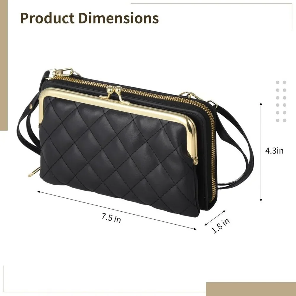 Small Crossbody Purse with Detachable Strap Black Quilted PU Leather Wallet